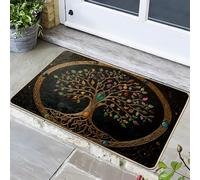 Celtic Tree Of Life Doormat, Gold Black Elegant Mystical Mat For Outdoor & Indoor Entryway Vintage Leaves Seasonal Meditation Decor, Rubber Waterproof Non-Slip Easy Clean Front Door Mat 17x29 Inch