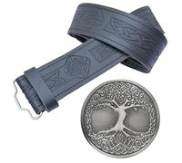 Celtic Tree of Life Kilt Belt & Buckle Set - Antique Silver Buckle, Scottish Celtic Diamond-Embossed Black Leather Belt for Men, 2.25" Wide, Adjustable (Silver Antique, Large, 38-42 Inch)