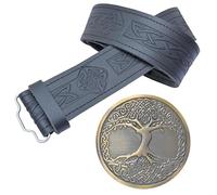 Celtic Tree of Life Kilt Belt & Buckle Set - Antique Silver Buckle, Scottish Celtic Diamond-Embossed Black Leather Belt for Men, 2.25" Wide, Adjustable (Brass Antique, 2XL, 50-54 Inch)