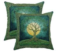 Celtic Tree of Life Pillow Covers Set of 2, Emerald Green Decorative Throw Pillows, Autumn Harvest Farmhouse Cushion Cases for Home Sofa Bed Couch 16x16 Inch