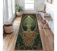 Celtic Tree of Life Runner Rugs for Hallway 80 x 250, Viking Norse Mythology Hallway Runner Green Gold Pattern Carpet Runners for Kitchen Bedroom Living Room, Non Slip Long Rug, 169y&iu