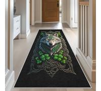 Celtic Wolf Runner Rug 65 x 240 cm, Wildlife Hallway Runner Rug, Green Washable Non Slip Long Carpet, Floor Mat, Kitchen Bedroom Living Room Hall Entrance Decor （f3U160）