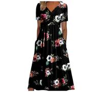 Celucke Boho Dresses for Women UK, Vintage Summer Loose Fit Short Sleeve Beach Swing Dress, Ladies Bohemian Floral Print Tunic Dress, Graphic A Line Daily Bridesmaid Dresses with Pockets