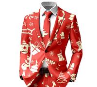 Celucke Mens Christmas Blazer Ugly Xmas Print Suit Jacket, Fashion Shawl Lapel Down Versatile Tuxedo Slim Fit Elegant Sport Coats for Festive Dinner Prom Party, Lightweight Pocket Classic Jacket