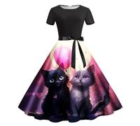 Celucke Women Beach Dresses Womens Fashion Valentines Day Cat Print Round Neck Short Sleeve Retro Casual Dress Two Long Fitted Dresses for Women Casual (Pink, M)