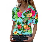 Celucke Women's Casual Hawaiian V Neck Short Sleeve Blouse Floral Leaves Flowers Pineapple Print Shirts Top Button Down Blouse Front Pocket Chiffon Shirt Green