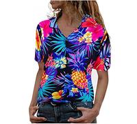 Celucke Women's Casual Hawaiian V Neck Short Sleeve Blouse Floral Leaves Flowers Pineapple Print Shirts Top Button Down Blouse Front Pocket Chiffon Shirt Blue