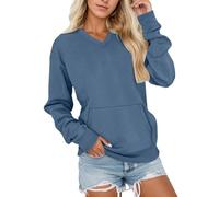 Celucke Women's Casual Loose Fit Fleece Pullover Sweatshirts Tops, Cotton Long Sleeve V Neck Plain Longline Shirts, Cozy Oversized Solid Color Lighweight Comfort Blouse with Pocket Navy