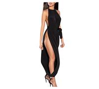 Celucke Women's Dresses Sleeveless, Fashion Solid Color Sexy Ruched High Slit Jumpsuits Party Club Cocktail Wedding Wear Black