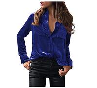 Celucke Women's Luxury Dress Shirts, Button Down Turn Down Collar T Shirts Elegant Tops Casual Velvet Soft Long Sleeve Breathable Business Blouse Solid Color Single-Breasted Tee Top Navy