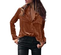 Celucke Women's Luxury Dress Shirts, Button Down Turn Down Collar T Shirts Elegant Tops Casual Velvet Soft Long Sleeve Breathable Business Blouse Solid Color Single-Breasted Tee Top Coffee