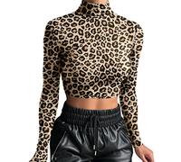 Celucke Women's Slim Fit Sexy High Neck Long Sleeve Bottoming Shirt, Casual Leopard Pattern Long Sleeve Crop Top Turtleneck Cropped Tops Shirt Blouse