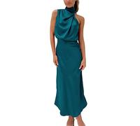 Celucke Women's Summer Long Formal Satin Dress, Mock Neck Sleeveless Side Slit Flowy Maxi Tank Dresses, Formal Dresses for Women, Black Dresses for Women, Wedding Guest Dresses for Women UK