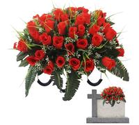 Cemetery Flowers Artificial Rose Realistic Silk Grave Flowers Bouquet with Saddle 20x12 In Decorative Lasting Vivid for Grave Red