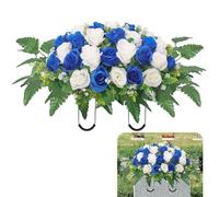Cemetery Headstone Flower Saddle,Artificial Cemetery Flower Saddles for Graves,Artificial Rose Cemetery Memorial Flowers for Outdoor Tombstone Headstone Decorations (Dark blue)