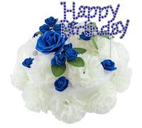Cemetery Memorial Artificial Flower Cake - Elegant Ivory Carnations & Blue Roses with Sparkling Happy Birthday Insert-Suitable for Grave Headstones Gravesite Decorations Sympathy Gifts