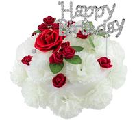 Cemetery Memorial Artificial Flower Cake - Elegant Ivory Carnations & Red Roses with Sparkling Happy Birthday Insert- Suitable for Grave Headstones Gravesite Decorations Sympathy Gifts