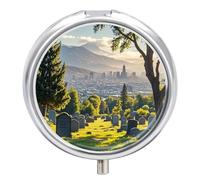 Cemetery Outside The City Pill Case 3 Compartment Portable Pill Box Daily Round Pill Organizer for Pocket Purse Daily Medicine Container to Hold Vitamins Fish Oil Travel Gifts