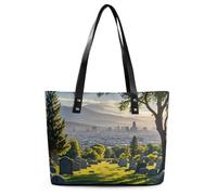 Cemetery Outside The City Tote Bag Large Soft Leather Purse with Zipper Lightweight Ladies Shoulder Handbag