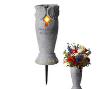 Cemetery Vases for Grave 5x5x9" Memorial Cemetery Vase with Ground Spikes Cross Light & Engraved Lettering Resin Grave Flower Holder for Fresh/Artificial Flowers, Cemetery Vases for Grave
