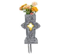 Cemetery Vases for Grave, Cross Flower Holder for Cemetery with Solar Light, Resin Grave Flower Holder with Ground Spike for Loss of Loved One Sympathy Gifts