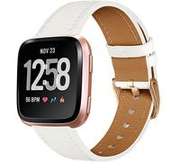 CeMiKa Leather Strap Compatible with Fitbit Versa/Fitbit Versa 2/Fitbit Versa Lite, Classic Replacement Leather Strap, White/Rose Gold, 6.5''-8.8''
