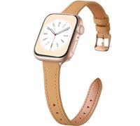 CeMiKa Slim Leather Straps Compatible with Apple Watch Strap 38mm 40mm 41mm 42mm, Genuine Thin Leather Replacement Band for Apple Watch SE/iWatch Series 10 9 8 7 6 5 4 3 2 1, Women Men, Camel/Rosegold