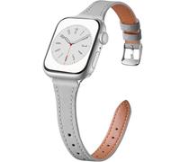 CeMiKa Slim Leather Straps Compatible with Apple Watch Strap 42mm 44mm 45mm 49mm 46mm, Genuine Thin Leather Band for Apple Watch Ultra/Ultra 2/iWatch Series 10 9 8 7 6 5 4 3, Women Men, Grey/Silver