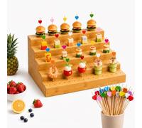 Cemssitu Bamboo Skewer Holder, 6-Tier Natural Bamboo Food Display Stand with 180 Holes and 100 Heart-Shaped Skewers, for Appetizer, Party, Buffet, Wedding (5-Tier)