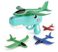 Cemssitu Dinosaur Foam Glider Launcher Toy, 8''Catapult Flying Airplane Toys with 3 Easy-Load Mechanism, Crash-Resistant Styrofoam Plane for Outdoor Backyard Games, Fun Birthday Gifts (green,S 1+3)