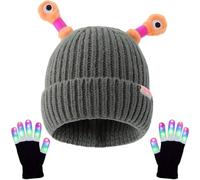 Cemssitu Winter Parent-Child Cute Glowing Little Monster Knit Hat with Light Up Gloves (Grey,One Size)