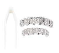 CEMTUKLBP Gold Plated Hip Hop Teeth Set, Unisex Alloy Rapper Costume Teeth Accessories, Triple Electroplated False Teeth for Halloween Parties, Concerts and Fashion Shows with Tweezers and (Silver)