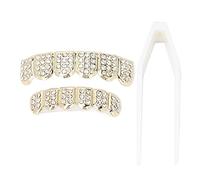 CEMTUKLBP Gold Plated Hip Hop Teeth Set, Unisex Alloy Rapper Costume Teeth Accessories, Triple Electroplated False Teeth for Halloween Parties, Concerts and Fashion Shows with Tweezers and (Gold)