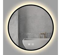 CENAP Round Illuminated Bathroom Mirror - Wall Mounted Anti-Fog Vanity Mirror - Metal Frame Backlit Makeup Mirror - 3 LED Light Color Dimmable - IP44 Waterproof, Double Touch, Black, 500x500mm