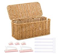 CENBEN Handwoven Rattan Cable Management Box,Imitation Rattan Cable Organizer Box With Lid,2 Open Slots Power Strip Organizer Under Desk Cord Organiser to Hide TV Computer Router USB Hub & Power Strip