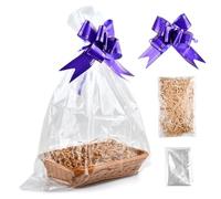 CENBEN Make Your Own Gift Basket Hamper Kit, Wicker Hamper Basket with 2PCS Purple Ribbons, 2 PCS Cellophane Bags and 1 Pack Shredded Paper for Party, Festival and Celebration Gift Wrapping