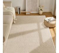 Ceneco Machine Washable Rugs Living Room 80x150cm, Fluffy Beige Short Pile Rug, Non Slip Rugs for Bedroom, Geometric High Low Effect Design, Modern Soft Area Rugs for Beside Kids Kitchen Lounge(Beige)