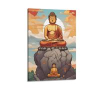 CENGLIS Indian Buddhism Illustration - Style Double Buddha Seated on Rock Poster Modern Wall Art Canvas Aesthetic Decoration Painting 08x12inch(20x30cm) Frame-style