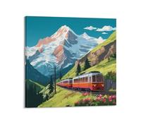 CENGLIS Landscape Poster Swiss Snow - Capped Mountains And Train Trails Poster Modern Wall Art Canvas Aesthetic Decoration Painting 28x28inch(70x70cm) Frame-style