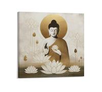 CENGLIS Religious Buddhism Gold Foil Texture Buddha And Lotus Poster Modern Wall Art Canvas Aesthetic Decoration Painting 24x24inch(60x60cm) Frame-style