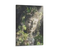 CENGLIS Sakyamuni Buddha Greenery - Covered Stone Buddha Photography Poster Modern Wall Art Canvas Aesthetic Decoration Painting 16x24inch(40x60cm) Frame-style