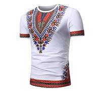 Cenlang Mens African Dashiki T Shirt Tribal Floral Print Crew Neck Slim Fit Shirts Traditional Pattern Summer Short Sleeve Tops (White, M)