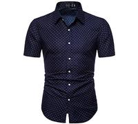 Cenlang Men's Business Dress Shirt Short Sleeve Slim Fit Shirt Retro Summer Tops Casual Polka Dot Printed Button Down Shirts Dark Blue