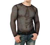 Cenlang Men's Mesh Fishnet Fitted Long Sleeve Muscle Shirts Sexy See Through Clubwear Tops Summer Gym Workout T Shirt Black