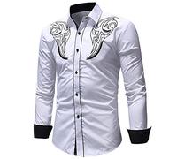 Cenlang Mens Paisley Shirt Western Cowboy Embroidery Long Sleeve Dress Shirt Slim Fit Casual Button Down Poplin Oxford Shirts White