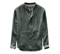 Cenlang Men's Plus Size Cotton Linen Henley Shirt Long Sleeve Hippie Casual Beach Yoga T-Shirts Basic Solid Tops Green