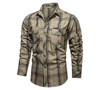 Cenlang Mens Tactical Cargo Work Shirt Long Sleeve Snap Button Down Military Casual Slim Fit Tops Western Cowboy Shirts Khaki