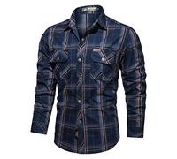 Cenlang Mens Tactical Cargo Work Shirt Long Sleeve Snap Button Down Military Casual Slim Fit Tops Western Cowboy Shirts Blue