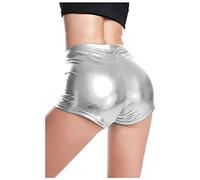 Cenlang Panty Leather Short Glossy Trousers Faux Women's High Dance Shorts Sexy Waist Pants Petite Lingerie (Silver, XL)