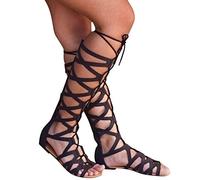 Cenlang Sandals for Womens Flat, Knee High Gladiator Sandals Lace Up Strappy Summer Shoes Flat Beach Sandals